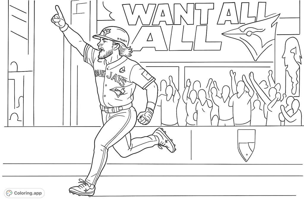 Capture the thrilling moment of a baseball player celebrating a victory run on the field. This dynamic sports scene offers an energetic coloring experience.