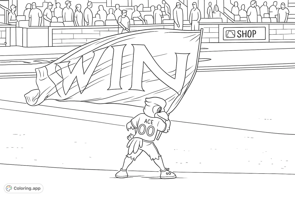A cheerful sports mascot waves a 'WIN' flag on a baseball field, surrounded by stadium seating. Celebrate victory with this dynamic sports coloring page!