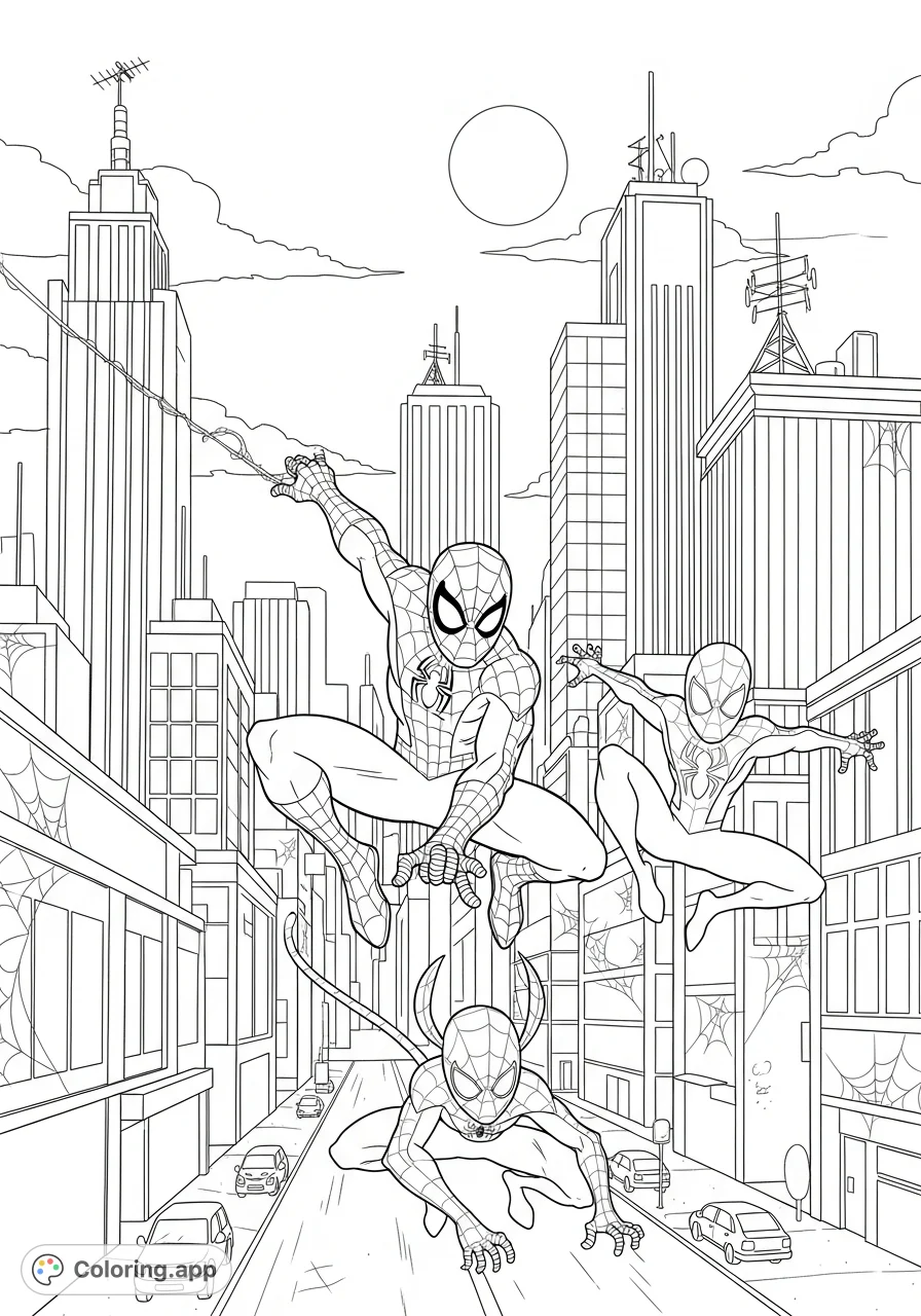 Join Spidey, Ghost-Spider, and Spin in a dynamic cityscape adventure, ready to leap into action. A fun, free printable Spidey and his amazing friends coloring page!