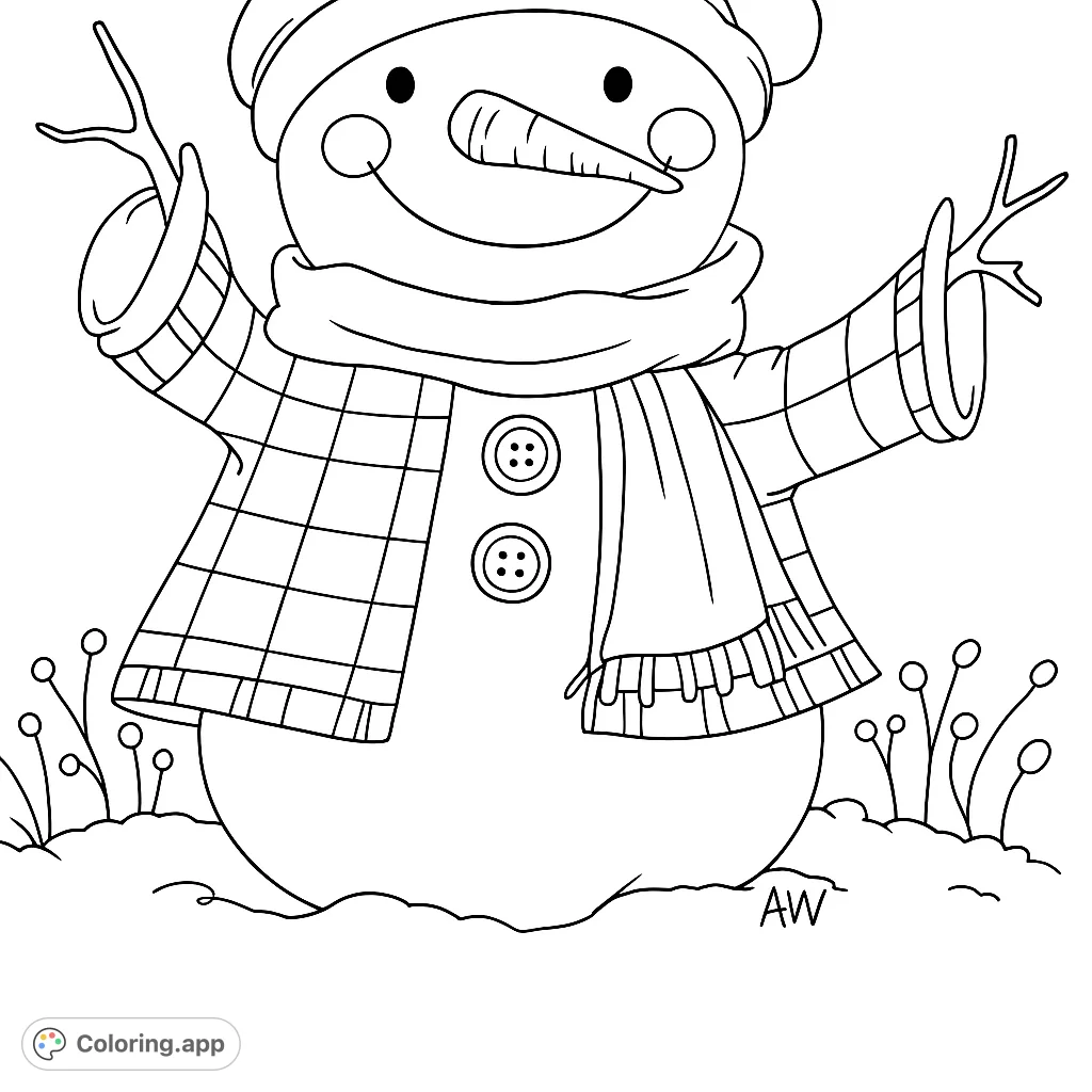 A delightful snowman wearing a plaid jacket and fringed scarf, perfect for bringing winter cheer to your coloring collection. Great for all ages!