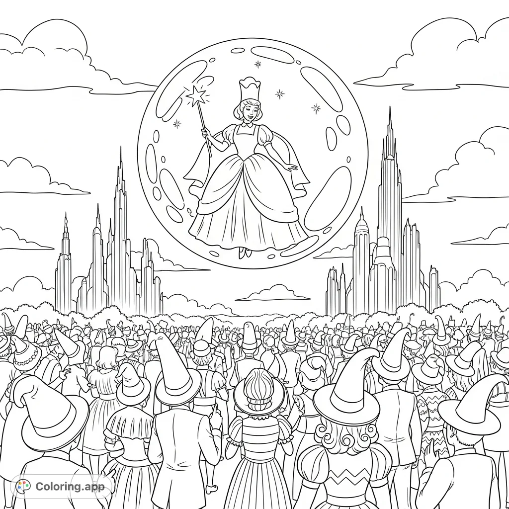 Glinda the Good Witch floats in her magical bubble above a delighted crowd, with the majestic Emerald City skyline in the background. A whimsical Oz adventure!