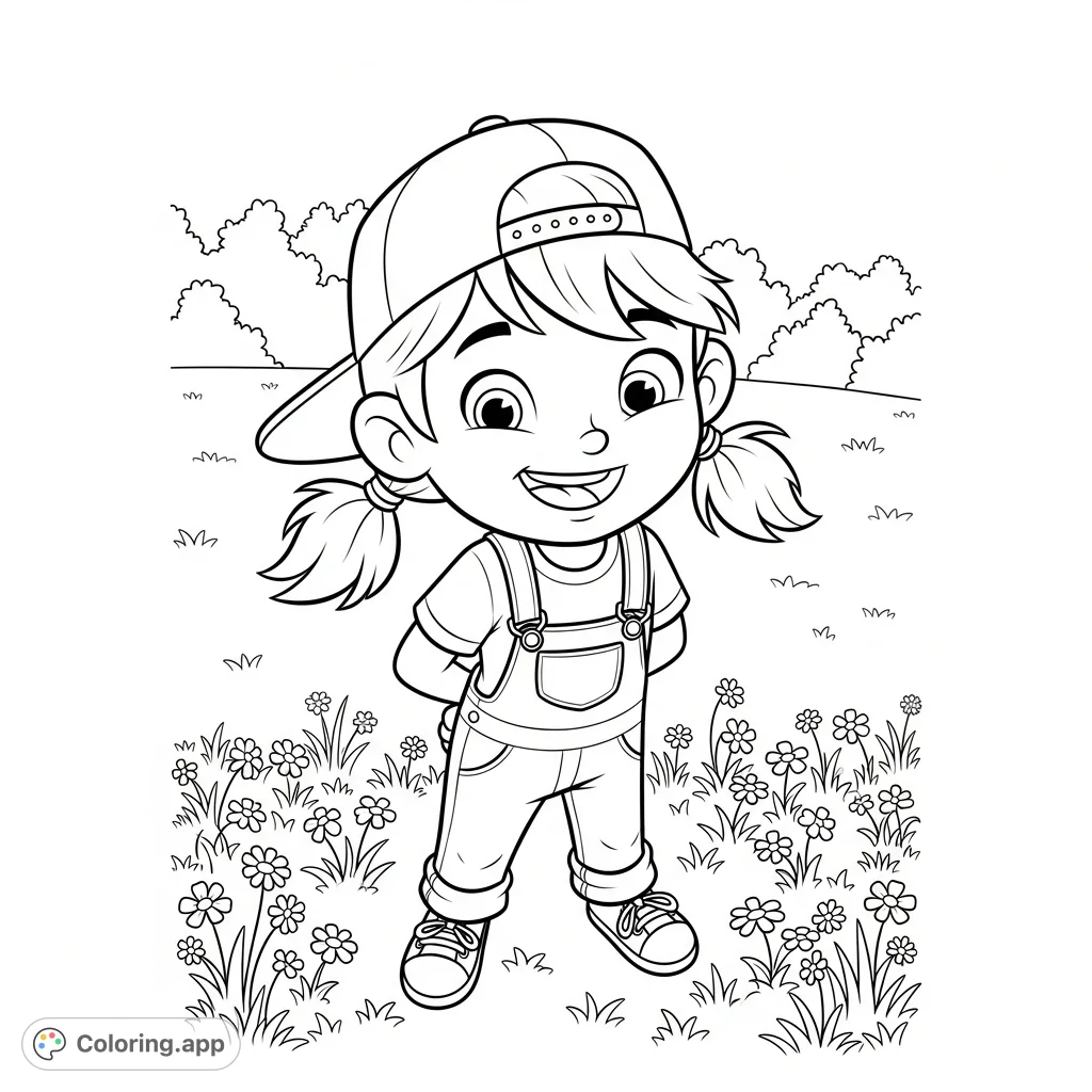 A delightful cartoon girl with pigtails and a backwards cap smiles amidst wildflowers in a park. This charming scene offers a fun coloring experience.