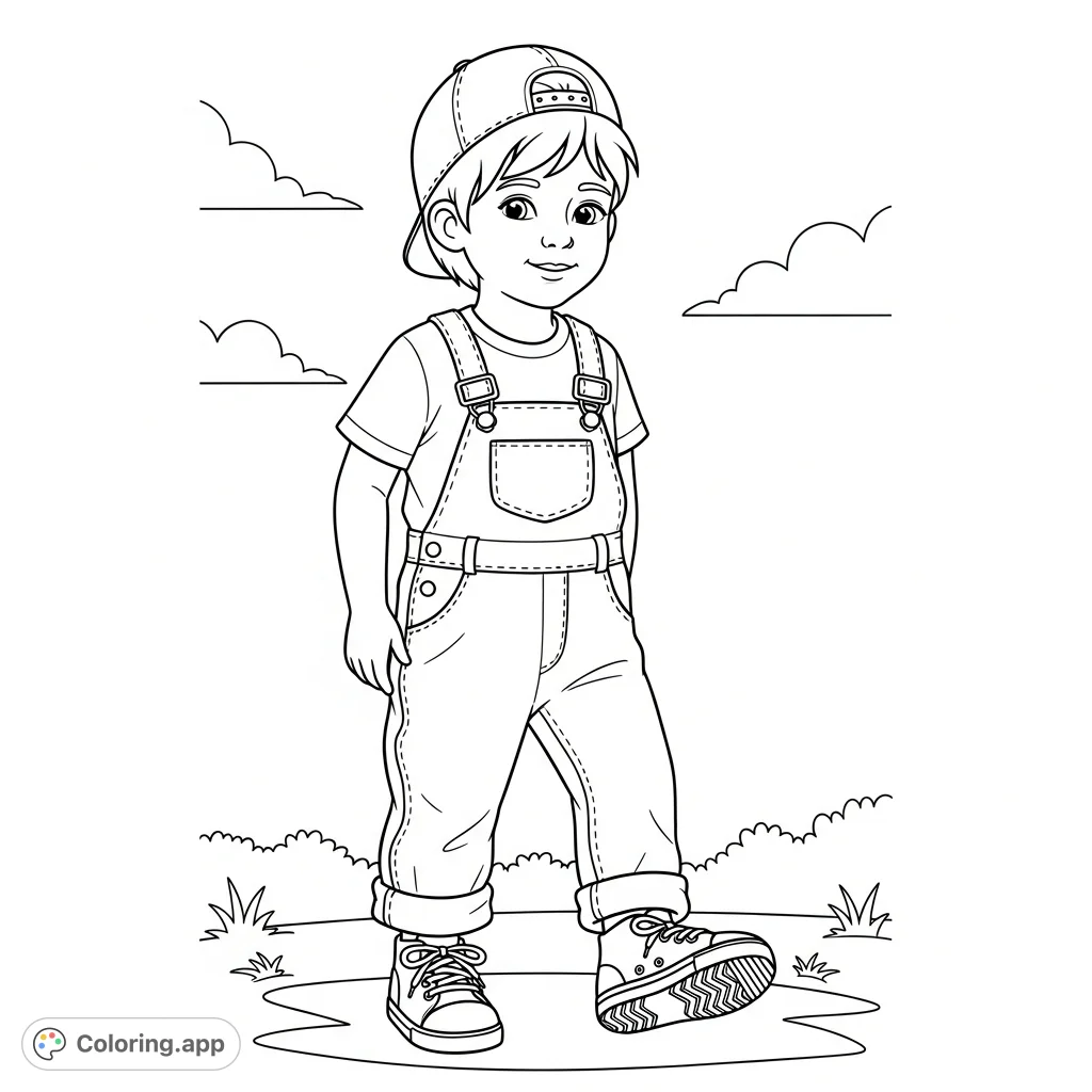 A charming scene featuring a young child in overalls and sneakers, ready for a day of fun and imaginative coloring. A delightful free printable coloring page.