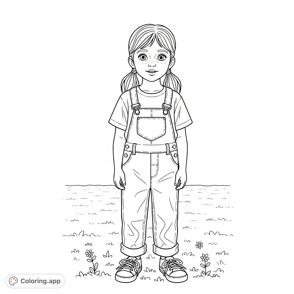 A delightful free printable coloring page featuring a cheerful young girl, 6-8 years old, wearing overalls and sneakers, with charming low pigtails. Perfect for kids and creative fun.