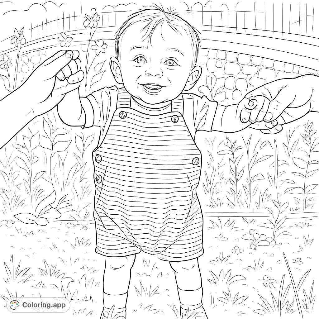 An adorable baby taking first steps, held by loving hands, amidst a sunny garden. A heartwarming scene of family connection and growth.