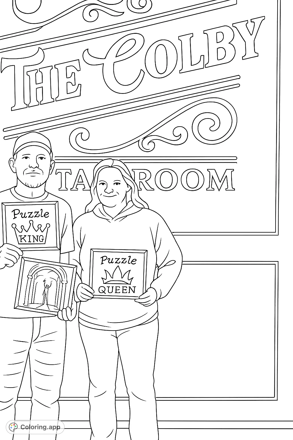 Celebrate a successful escape room adventure with this Puzzle King and Queen coloring page! Featuring two people proudly holding signs against a decorative wall.