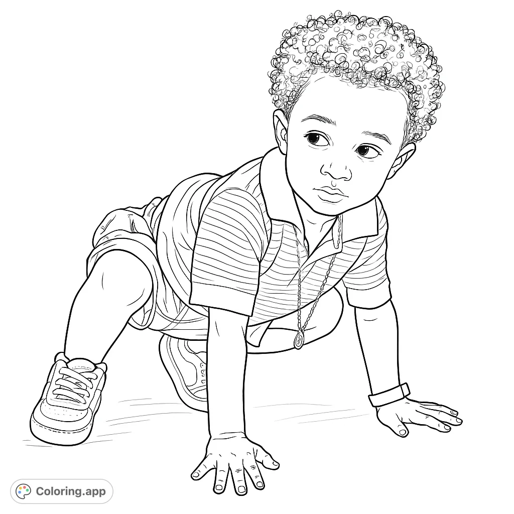A playful and curious young child on hands and knees, exploring. This child coloring page features textured hair and clothing details for creative expression.