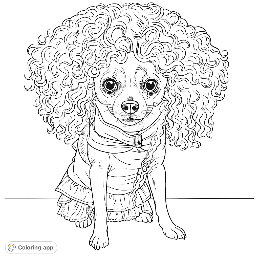 Color a whimsical dog wearing a huge curly wig and a shimmering costume with fringe. A fun, elaborate design for creative expression.