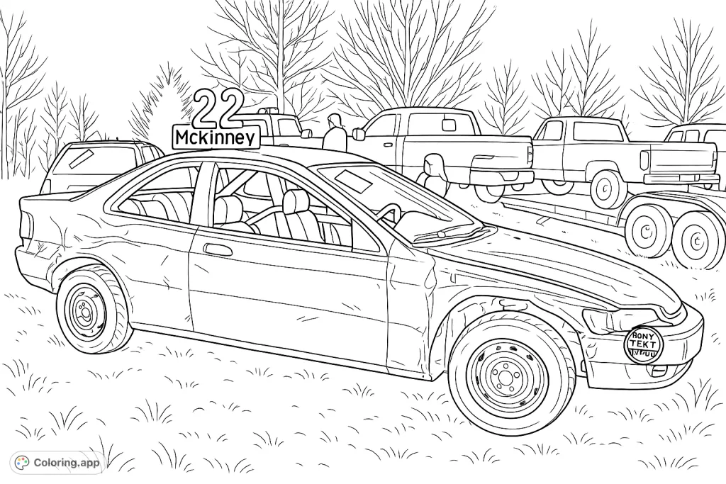 Explore a rugged demolition derby car, severely damaged with a unique roof sign. Detailed background vehicles and muddy terrain offer a challenging coloring experience.