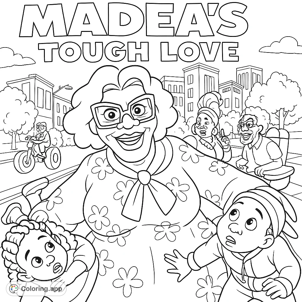 A lively Madea with kids and family in a vibrant urban park. Enjoy this fun character coloring page featuring family and community.