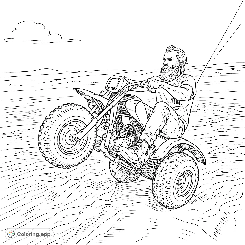 Experience the thrill of a desert ATV wheelie! This dynamic coloring page features a bearded rider on a three-wheeled vehicle amidst expansive sand dunes.