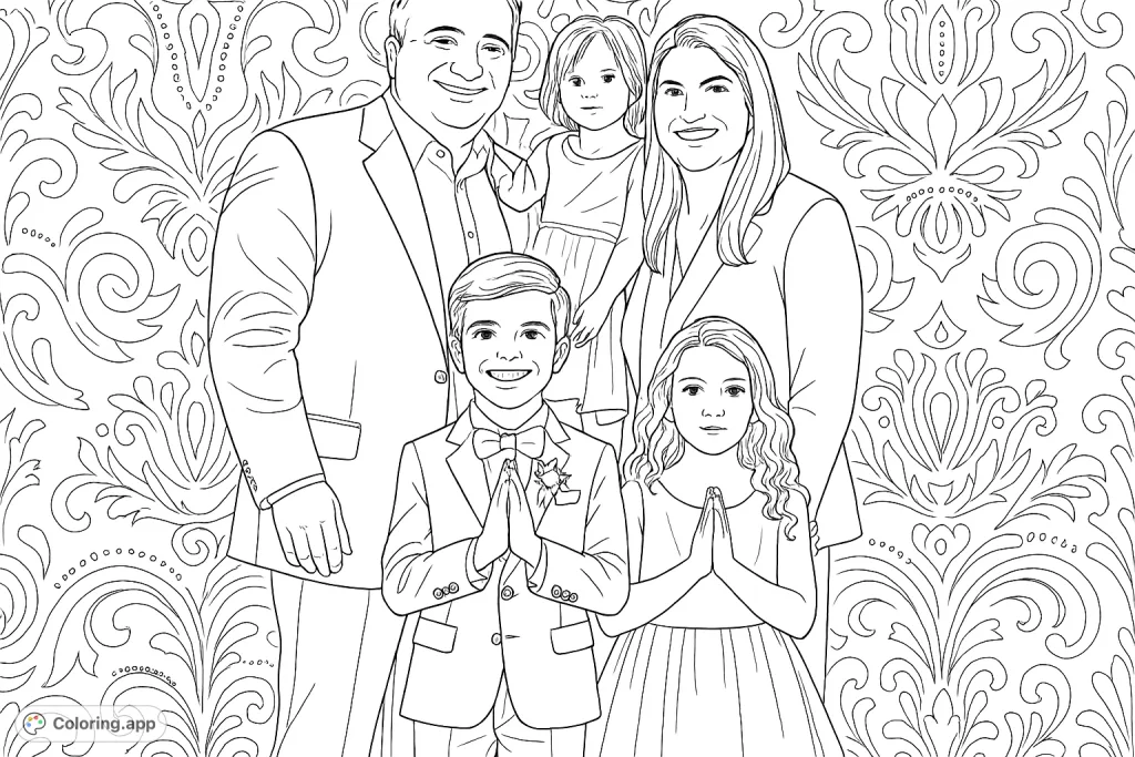 A cheerful family portrait featuring two adults and three children in formal attire against a patterned wall. A delightful scene for all ages to bring to life with color.