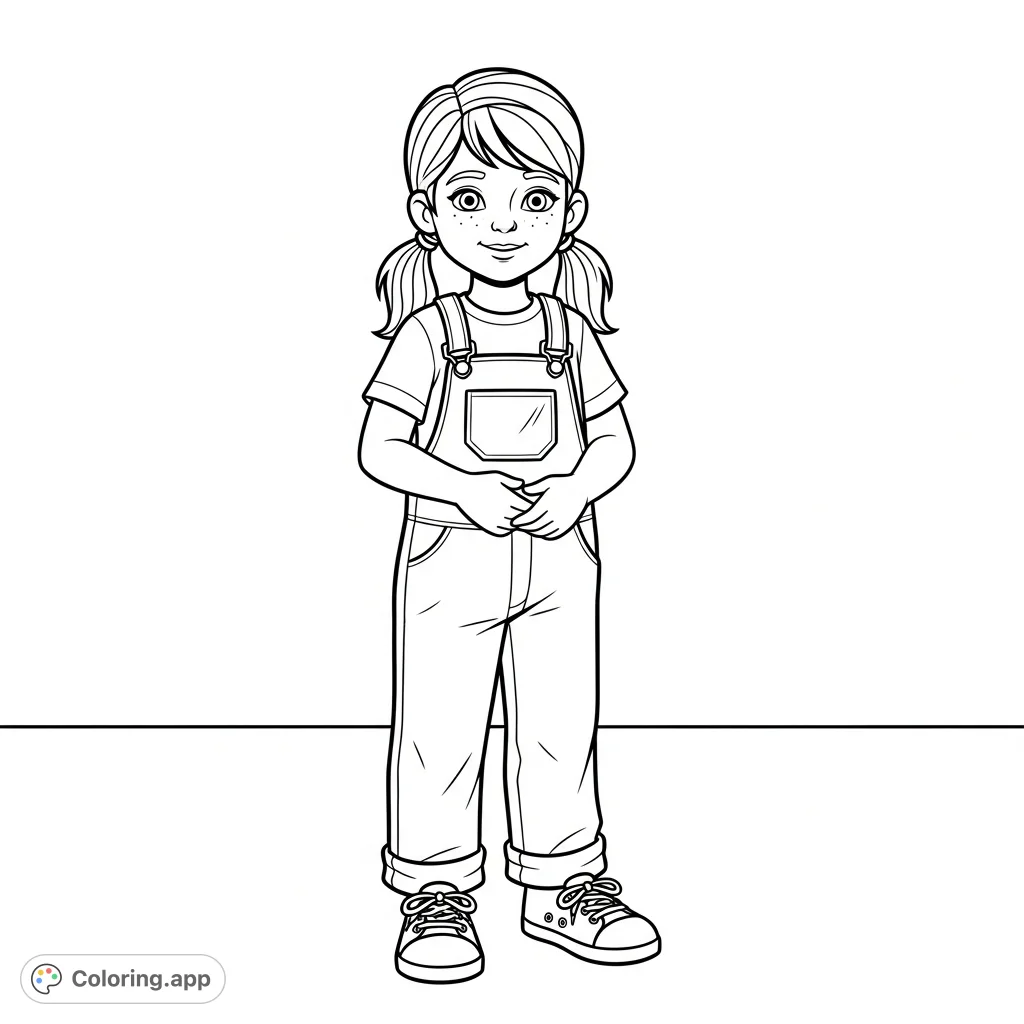 A charming coloring page featuring a young girl (6-8 years old) with pigtails, wearing overalls and sneakers, standing with a gentle smile.