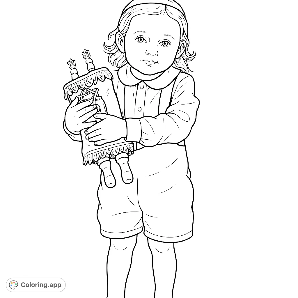 An endearing child holds a beautifully adorned Torah scroll, wearing a collared shirt, shorts with suspenders, and a cap. A meaningful scene for young colorists.