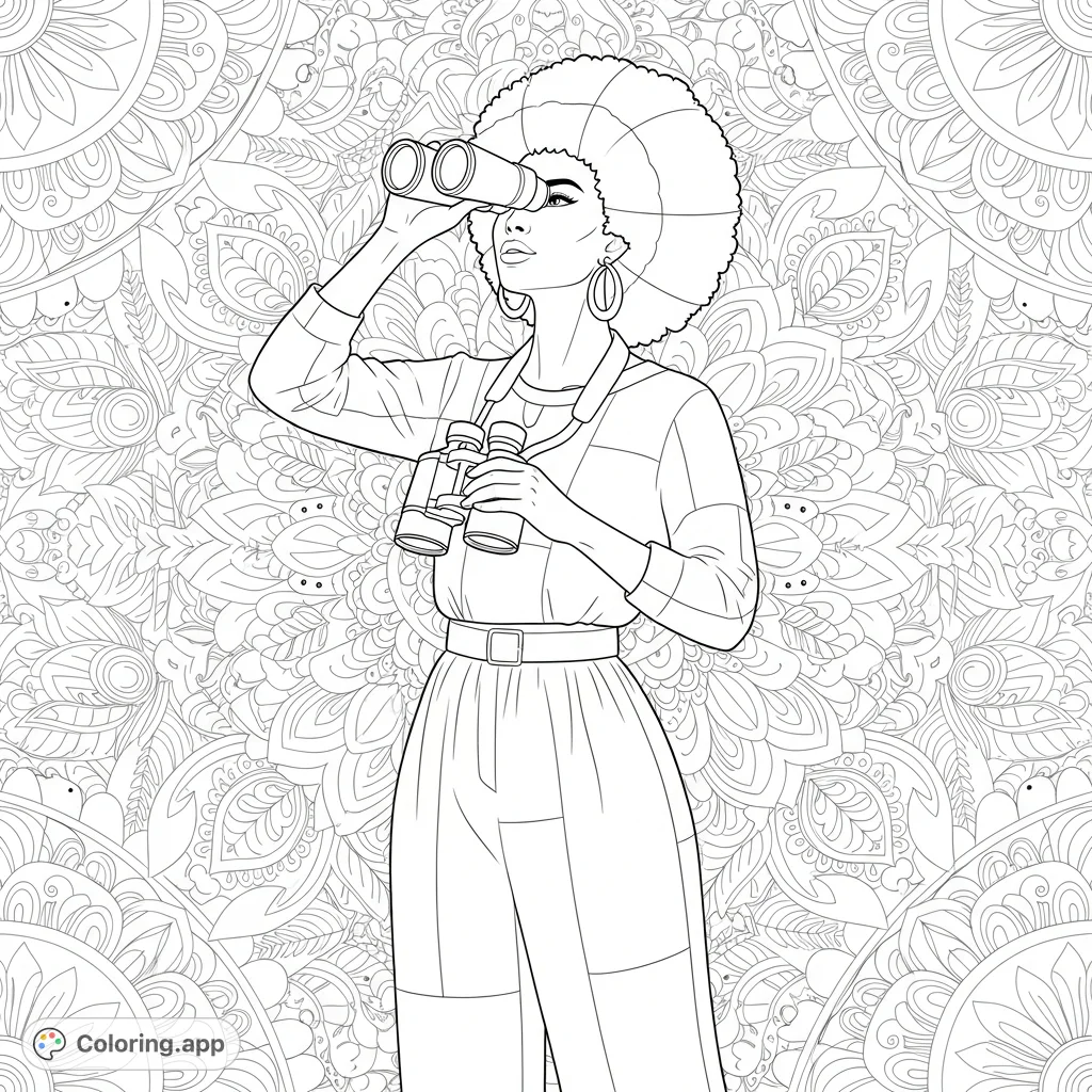 A beautiful woman with an Afro hairstyle birdwatching, surrounded by intricate mandala patterns. A detailed and empowering free printable coloring page for mindful creativity.