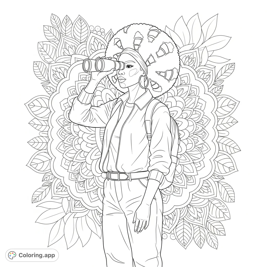 Discover a beautiful Black woman bird watching amidst intricate mandala patterns. A detailed, free printable coloring page perfect for all ages seeking a creative escape.