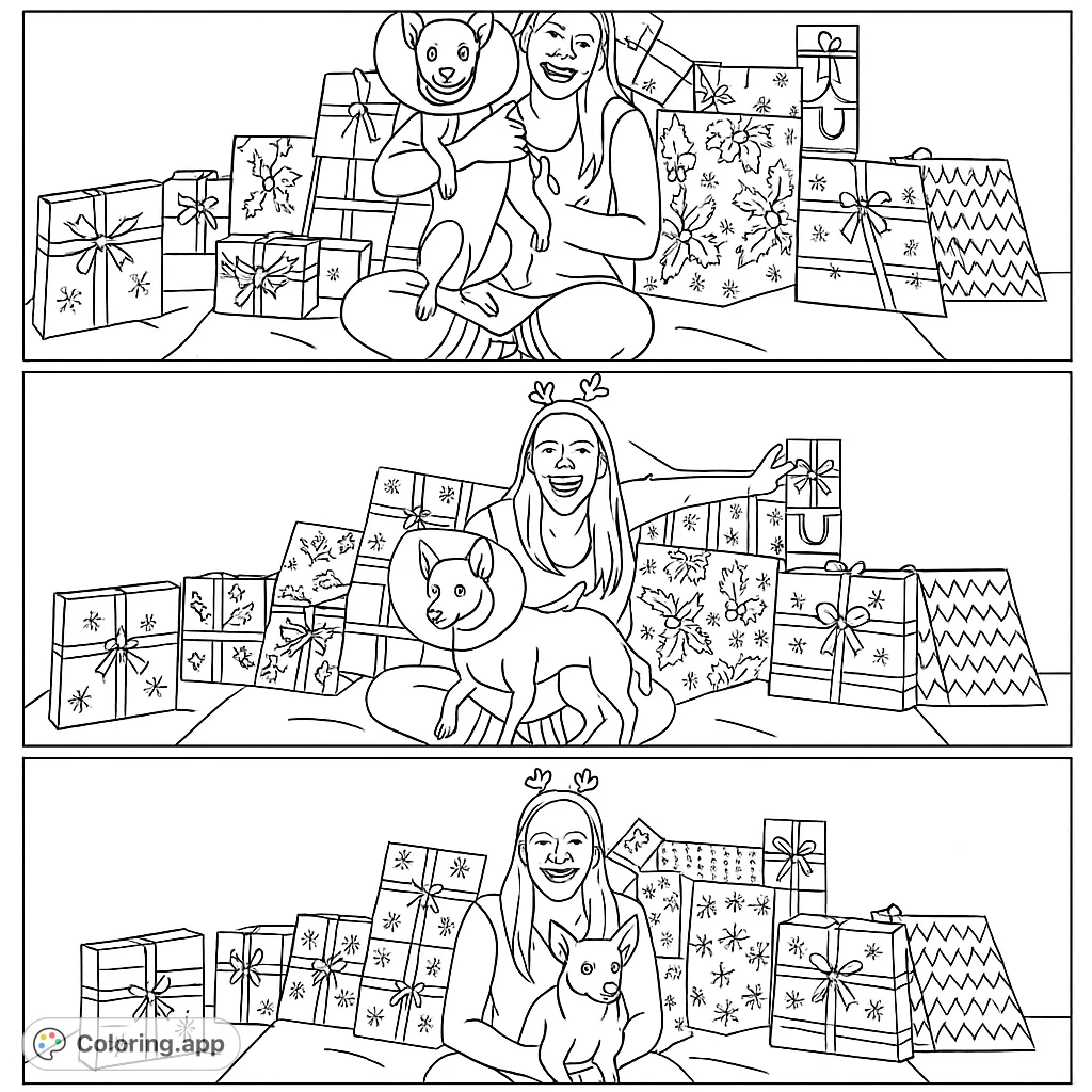 Unwrap holiday cheer with this festive coloring page featuring a smiling woman, two adorable dogs, and a towering stack of patterned presents ready for your creative touch!