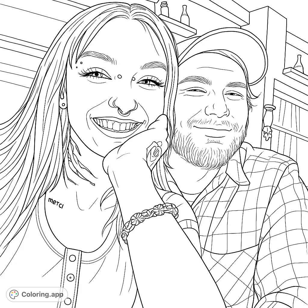 Capture the warmth of a smiling couple. This portrait features a cheerful woman with distinctive tattoos and piercings, alongside a gently smiling man.