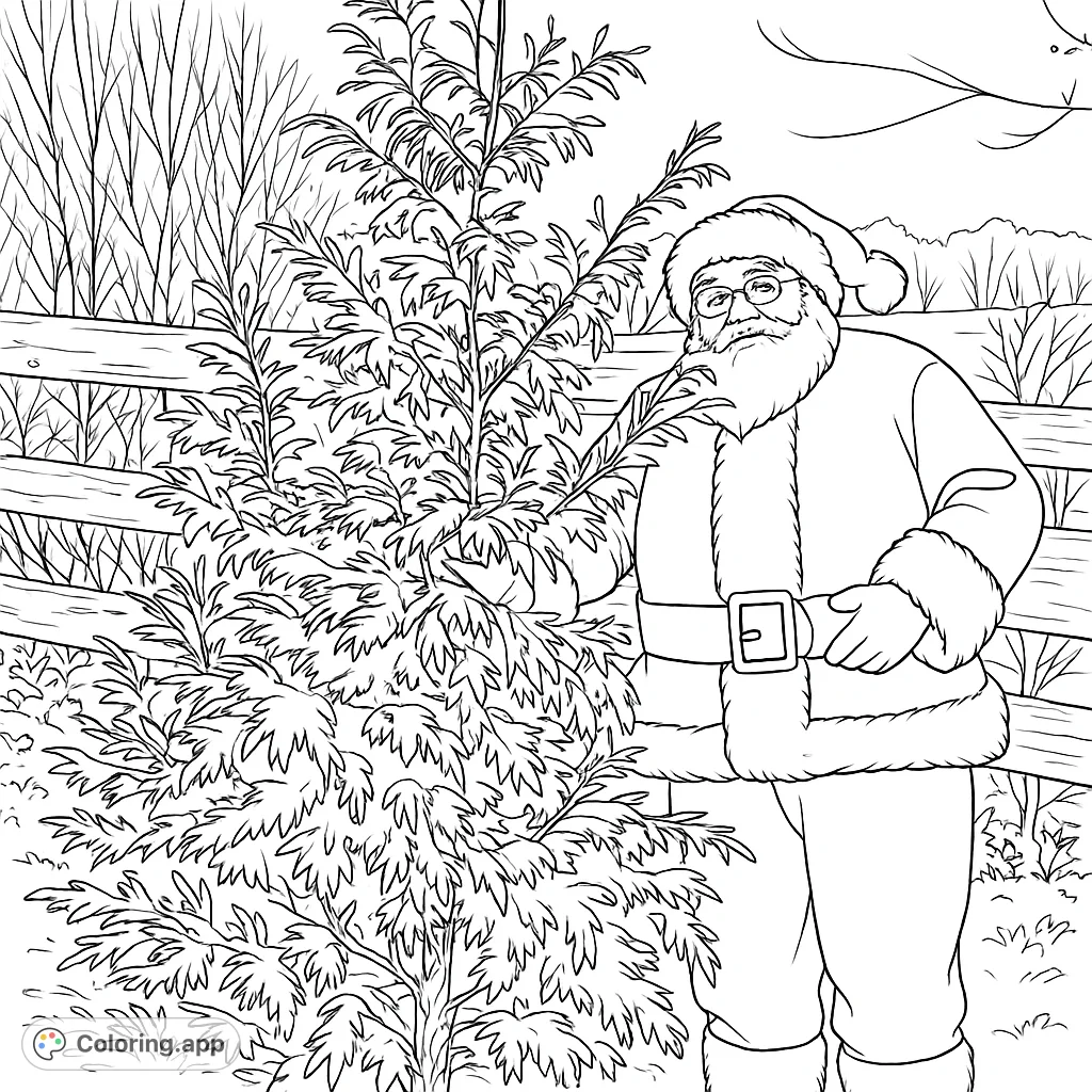 A heartwarming Santa Claus peeking from behind a beautiful evergreen tree, ready for holiday coloring fun. Perfect for festive joy and creative expression.