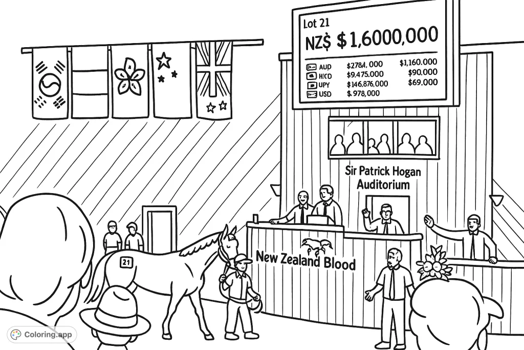 Immerse yourself in a thrilling horse auction scene, featuring a beautiful horse, a bustling audience, and a grand auditorium setting. A cartoony style with bold outlines awaits your creative touch.