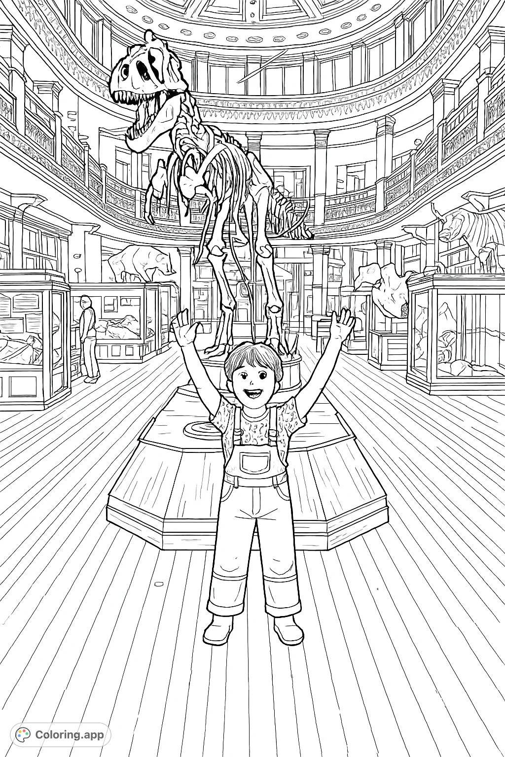 An excited child stands before a colossal dinosaur skeleton in a grand museum hall, surrounded by other fascinating exhibits. A prehistoric adventure awaits!