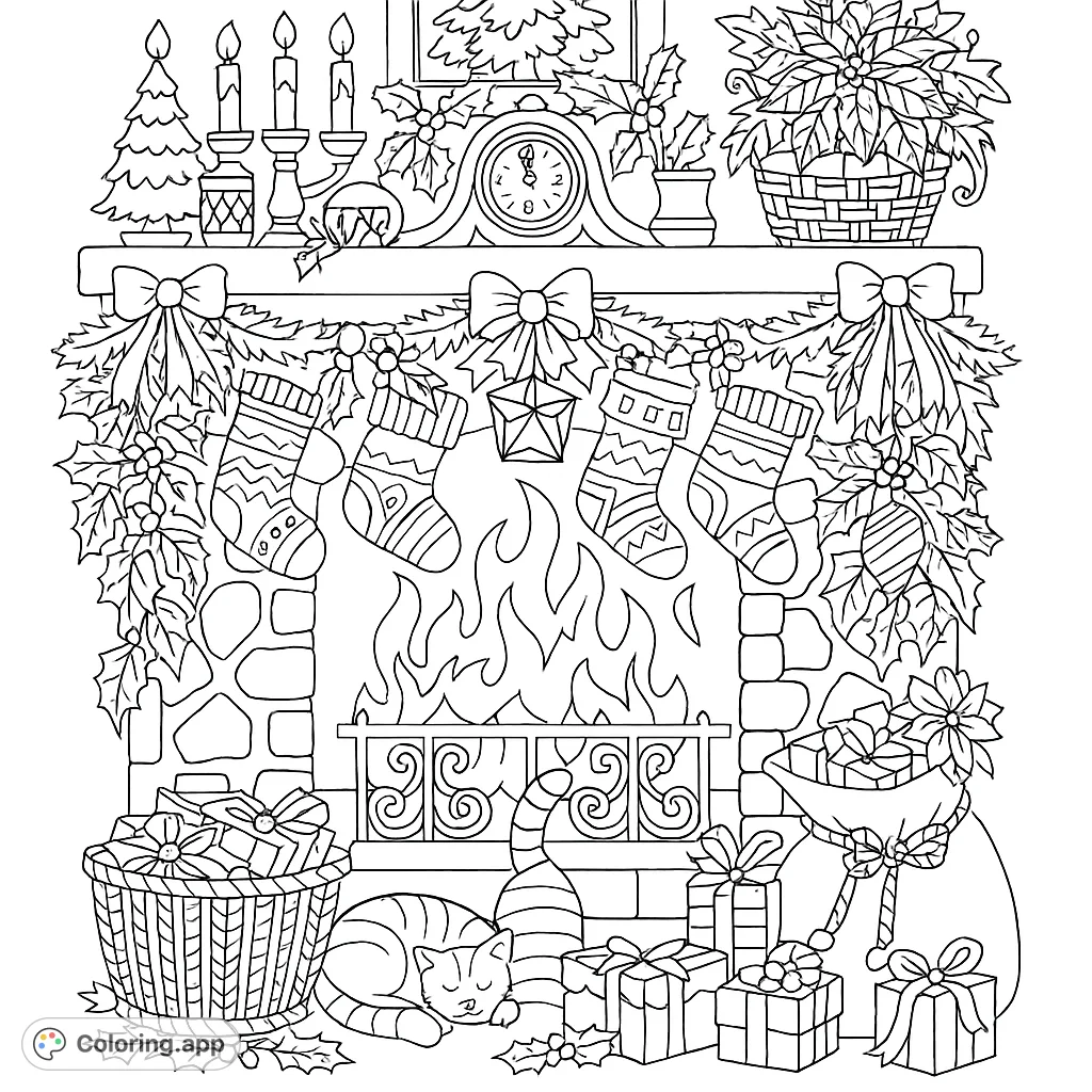 Cozy holiday fireplace scene adorned with garland, stockings, and gifts, featuring two cats and a warm fire. Perfect for festive coloring fun!
