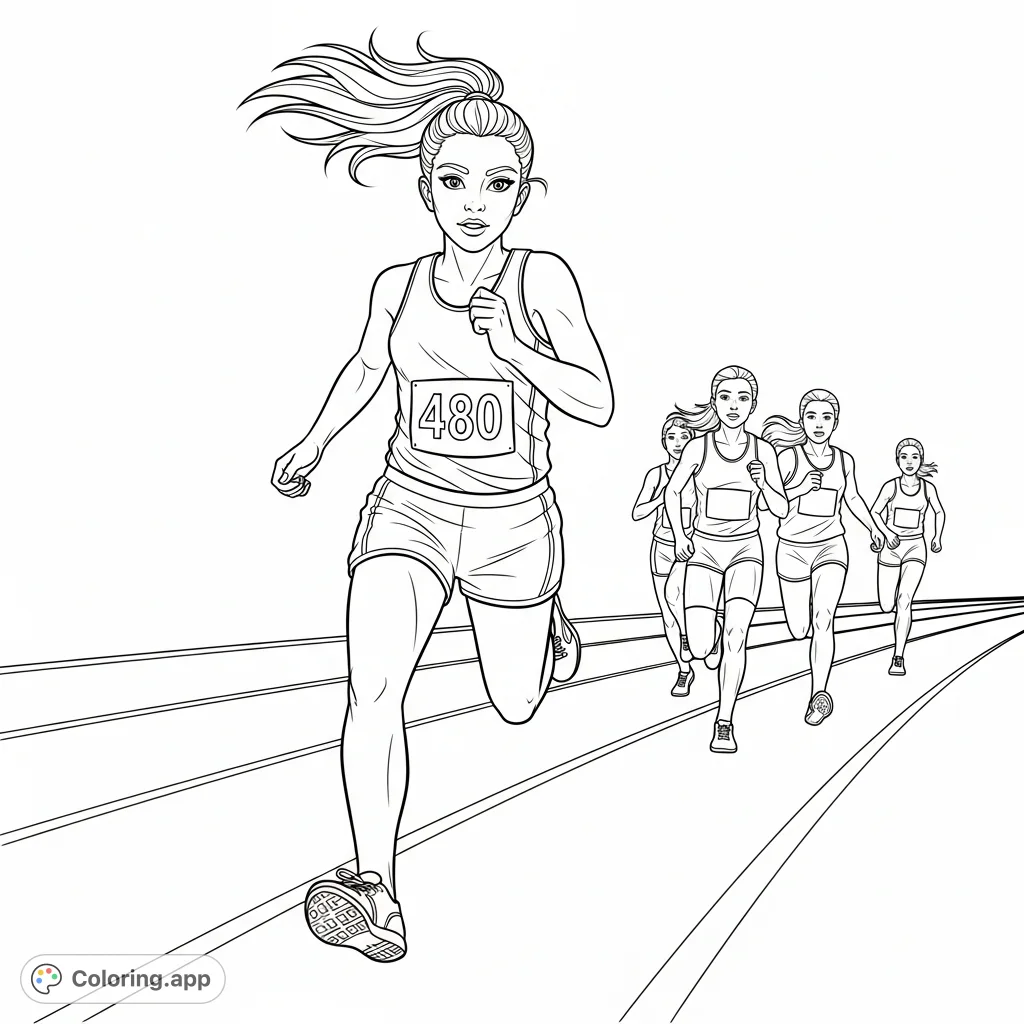 Dynamic track and field coloring page featuring a determined 13-year-old girl in the lead, numbered 480, with other runners behind her.