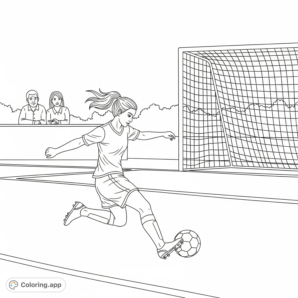 Dynamic soccer action! An 8th-grade girl powerfully shoots towards the goal while her parents watch.