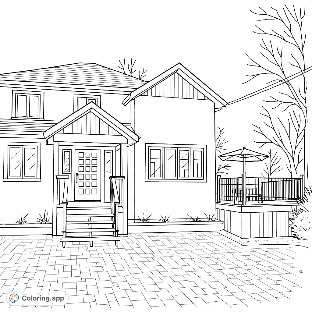 A detailed coloring page featuring a charming two-story building, its inviting covered porch, and a bustling outdoor patio, set against a classic townscape.
