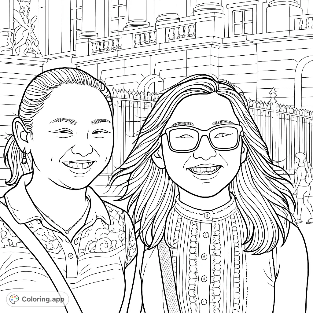 Capture the joy of friendship with this free printable coloring page featuring two smiling friends against a backdrop of grand architecture and an ornate gate.