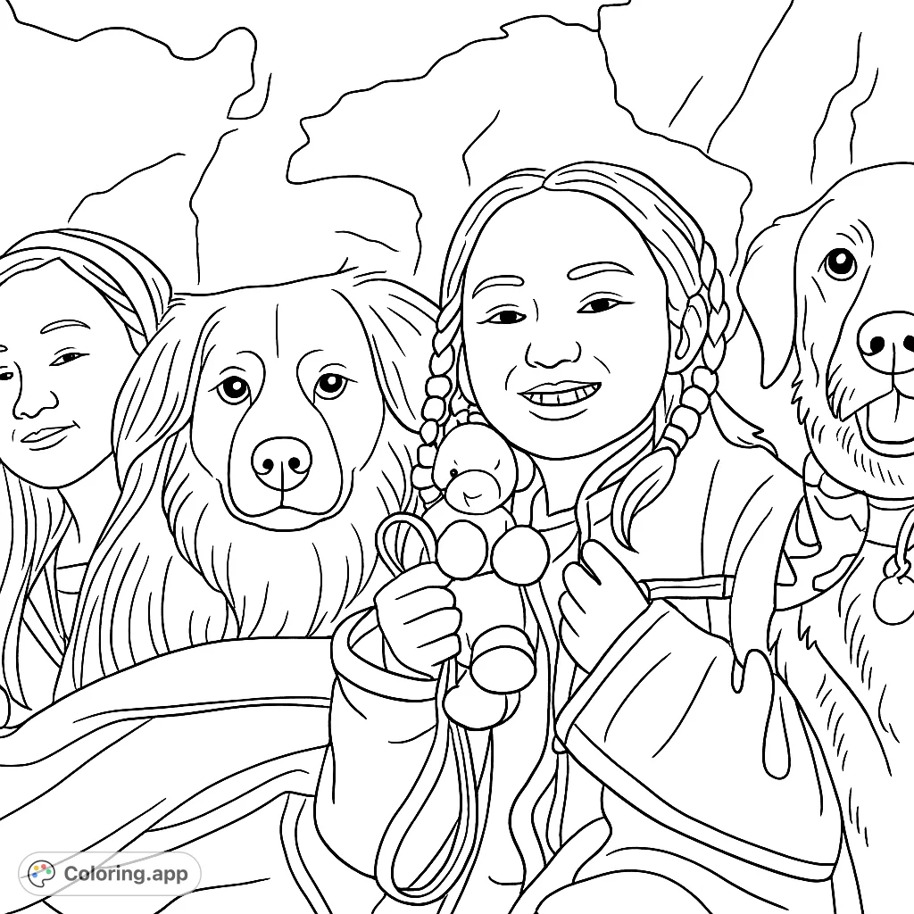 A heartwarming scene of two smiling girls and their two loyal dog companions, featuring a girl holding a stuffed toy, perfect for a cozy coloring session.