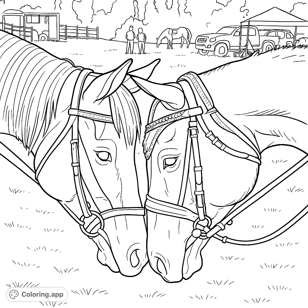 Capture the tender moment of two horses nuzzling. This detailed coloring page features intricate bridles, flowing manes, and a lively outdoor setting.