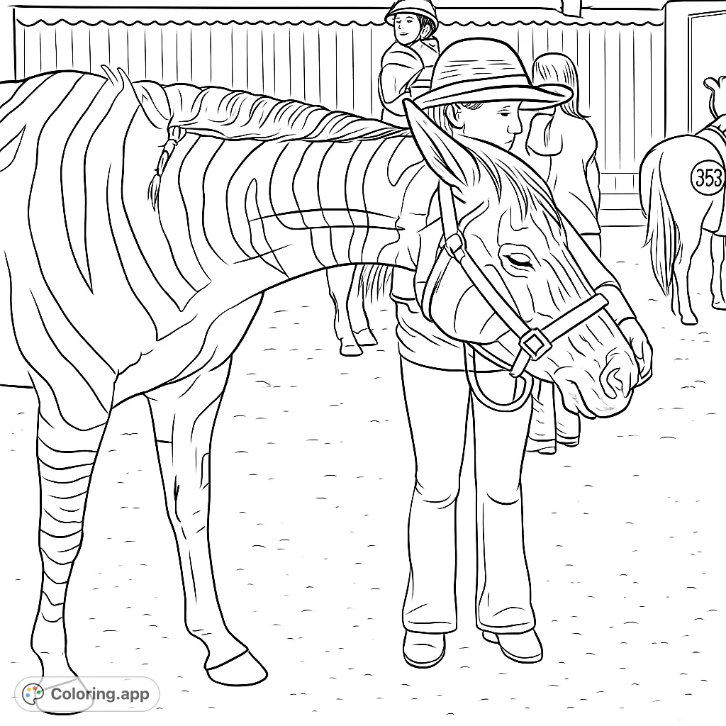 An engaging equestrian scene featuring a horse adorned with unique stripe and patch patterns, interacting with a handler at an outdoor event. A fun animal coloring page for all.