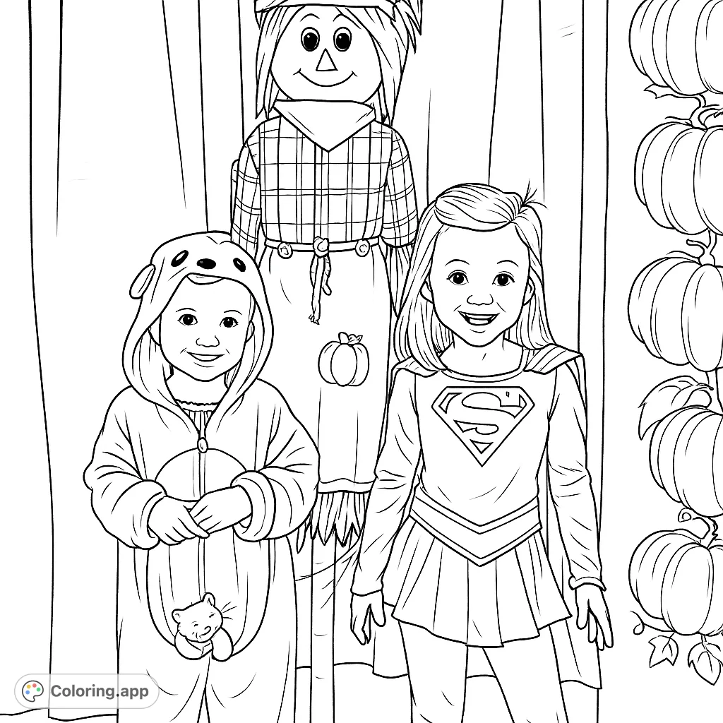 Two joyful girls in fun costumes pose with a friendly scarecrow and autumn pumpkin decor, ready for a festive coloring adventure.