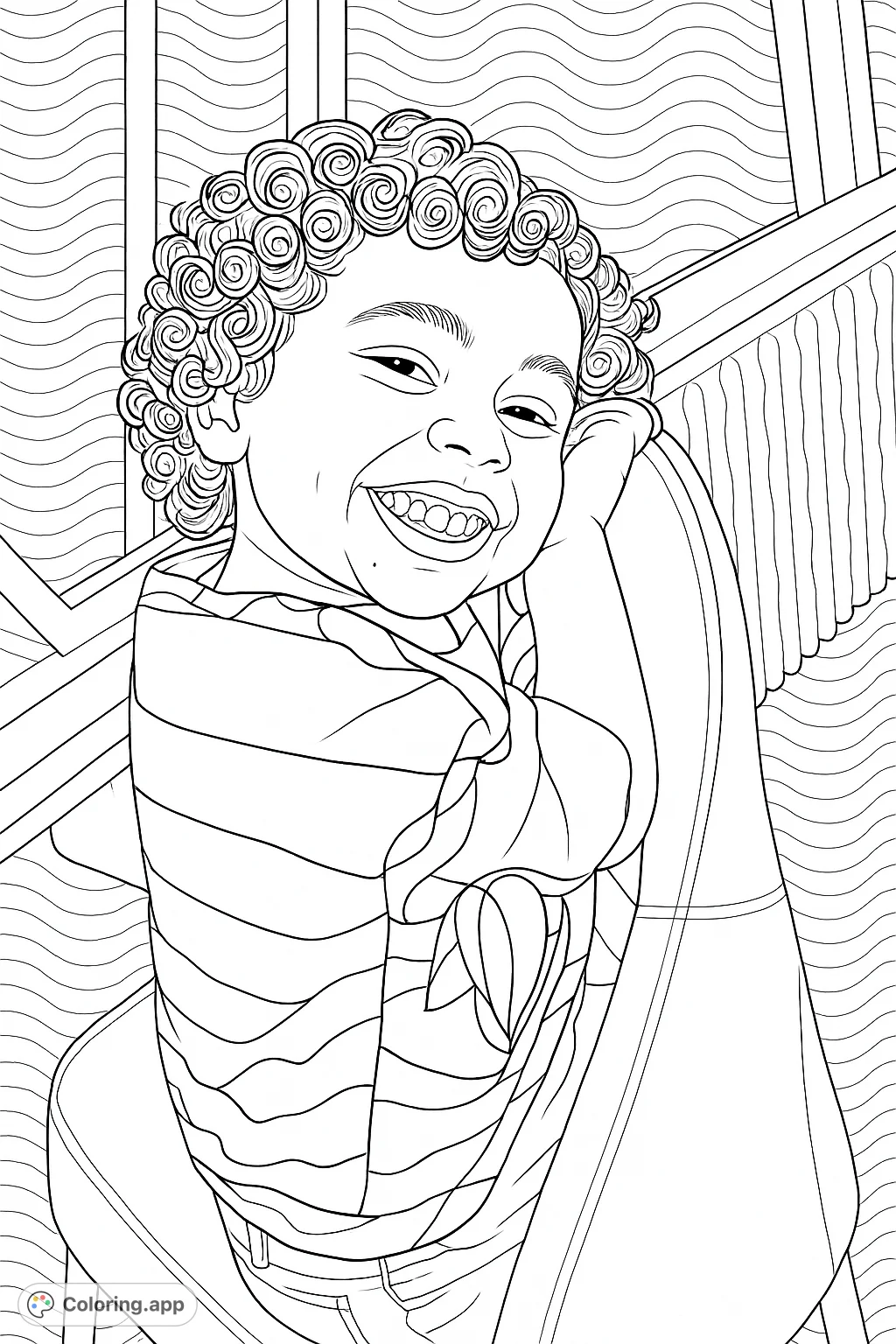 Capture a moment of pure happiness with this delightful coloring page featuring a smiling child with abundant curls and a striped shirt, set against a patterned background.