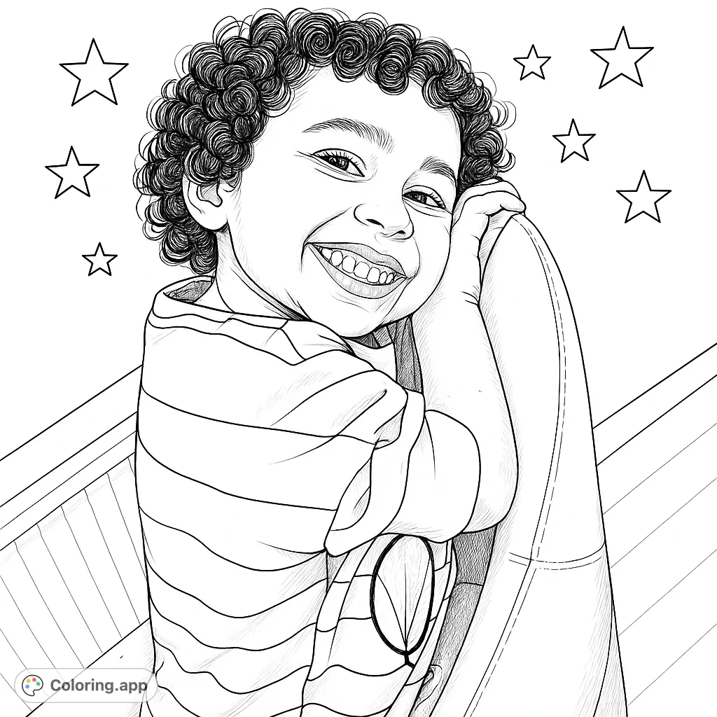A delightful child with a joyful smile and intricate curly hair, adorned with decorative stars. This realistic portrait offers an engaging and detailed coloring experience.