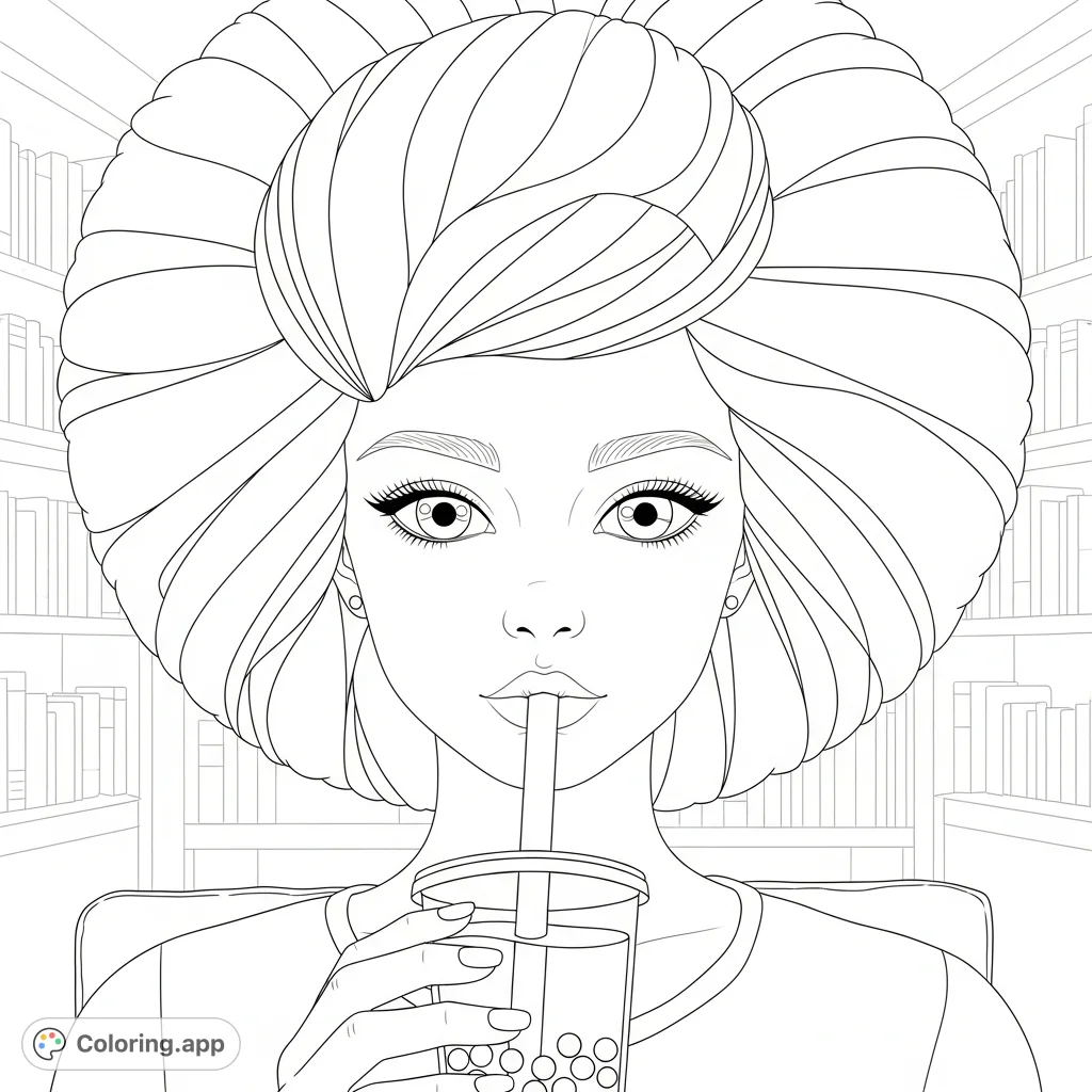 A close-up portrait of a girl sipping Boba tea, featuring her serene expression, dramatic textured hair, and a subtly blurred library background.