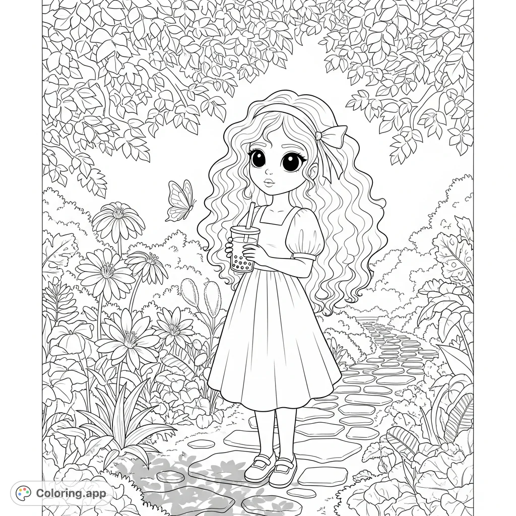 Discover a charming botanical garden coloring page featuring a girl with Boba tea, a curious butterfly, and lush flora. A delightful, free printable coloring page!