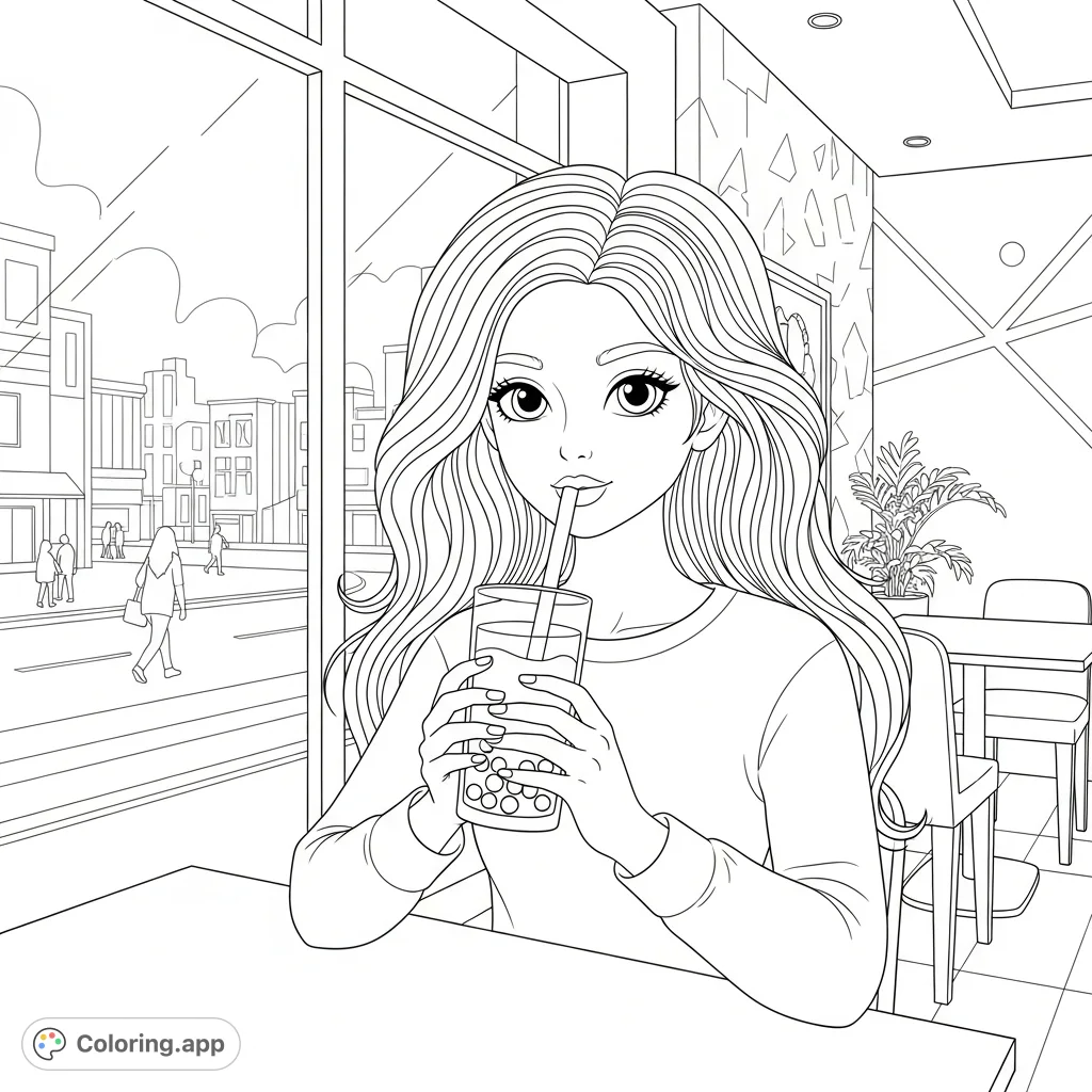 A young girl with voluminous hair enjoys boba tea at a cafe, featuring a bustling city street view and intricate interior patterns. Grab this free printable coloring page!