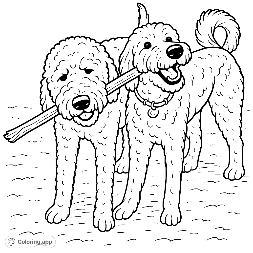 Discover two adorable, shaggy-haired pups sharing a fun stick, ready for your creative touch! A delightful scene for all dog lovers to color and enjoy.