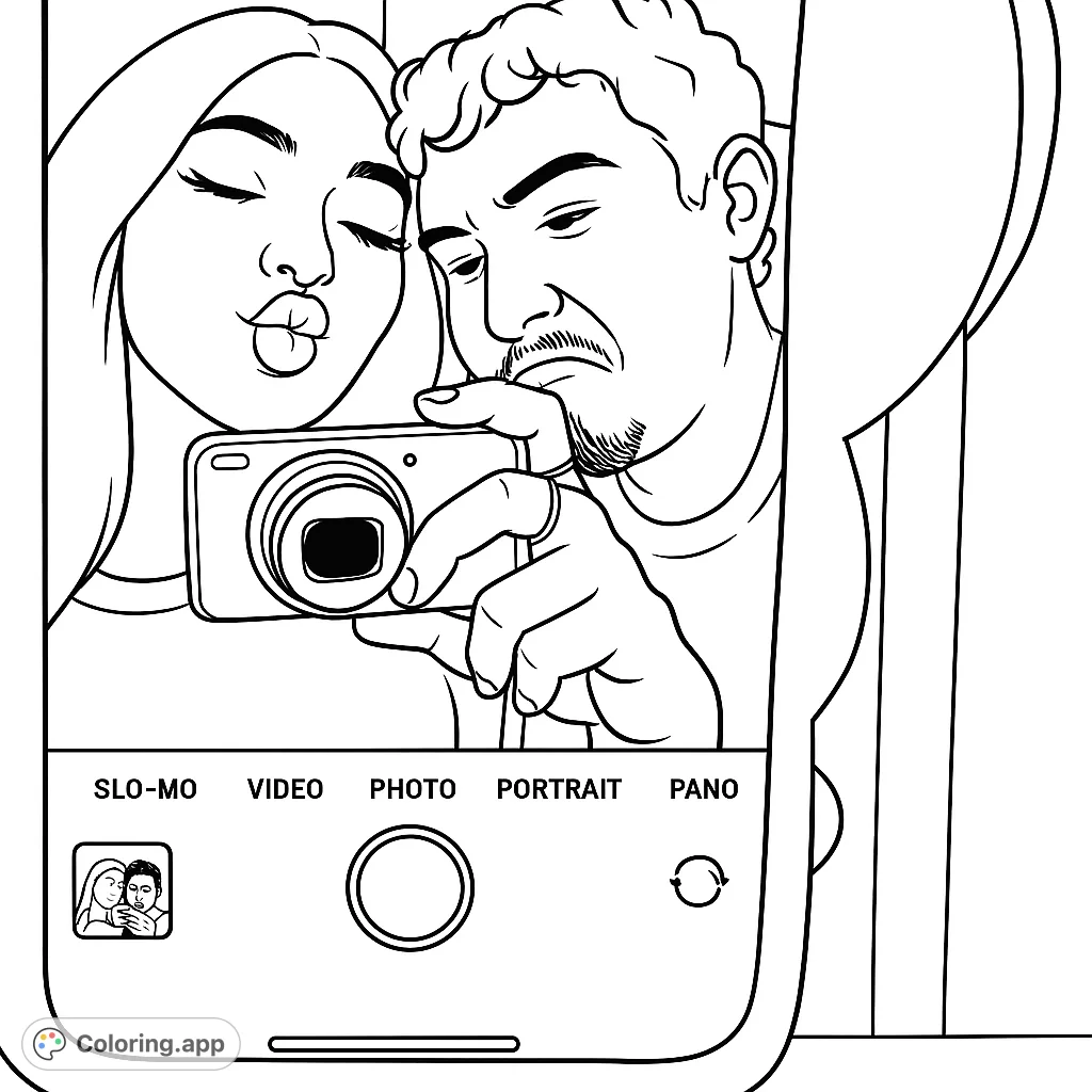 Capture a sweet moment of a couple taking a selfie with a classic compact camera, framed by a modern phone interface. Perfect for expressing connection and creativity.