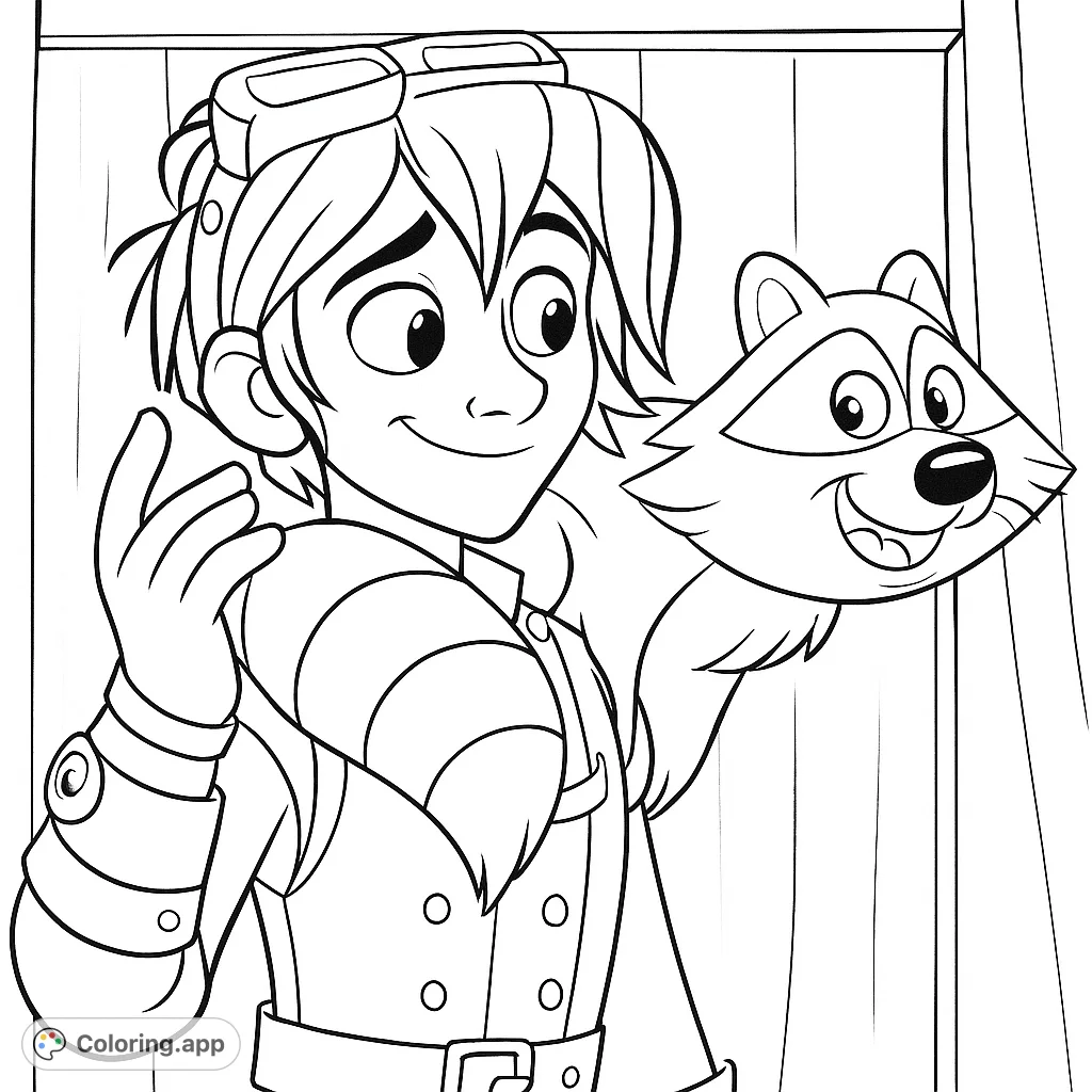 A friendly boy with goggles and a striped-tailed raccoon companion on his shoulder, ready for adventure. Perfect for fans of animated characters.