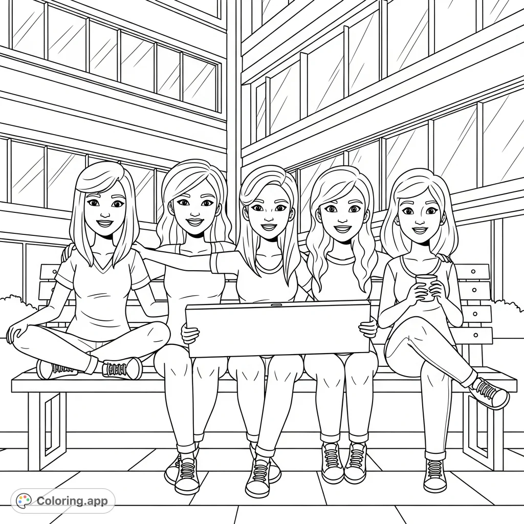 A free printable coloring page featuring five smiling young women relaxing on a park bench, with a modern building and paved area as the backdrop. Perfect for all ages.