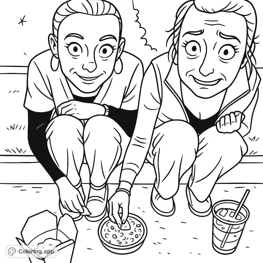 Capture a moment of two friends enjoying an outdoor meal together. This free printable coloring page features smiling faces and shared food, perfect for all ages.