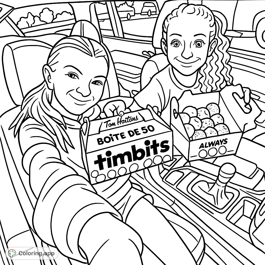A cartoony coloring page featuring two joyful friends inside a car, ready to enjoy delicious donut hole treats. Perfect for a fun, creative session on the go!