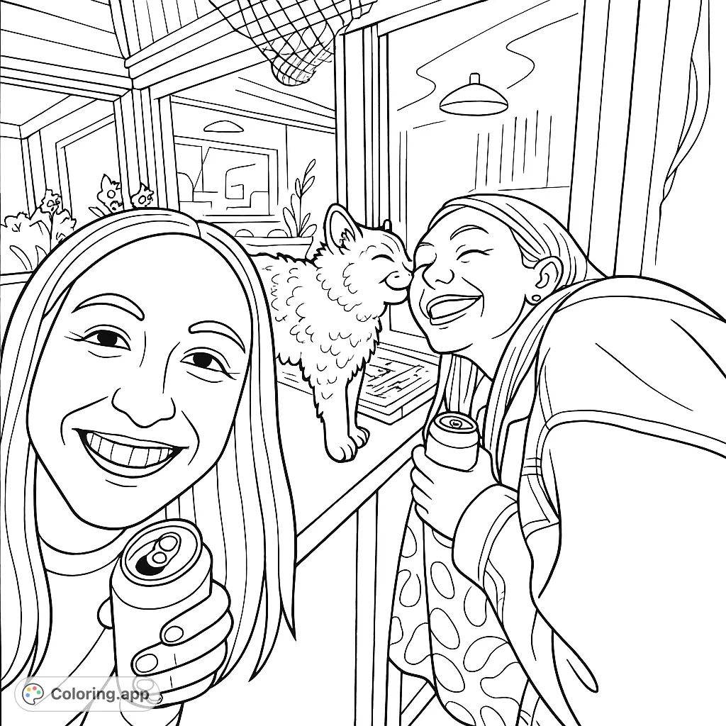 Two smiling friends share a joyful moment with a furry feline friend on a cozy evening. A delightful scene for animal lovers to bring to life with color!