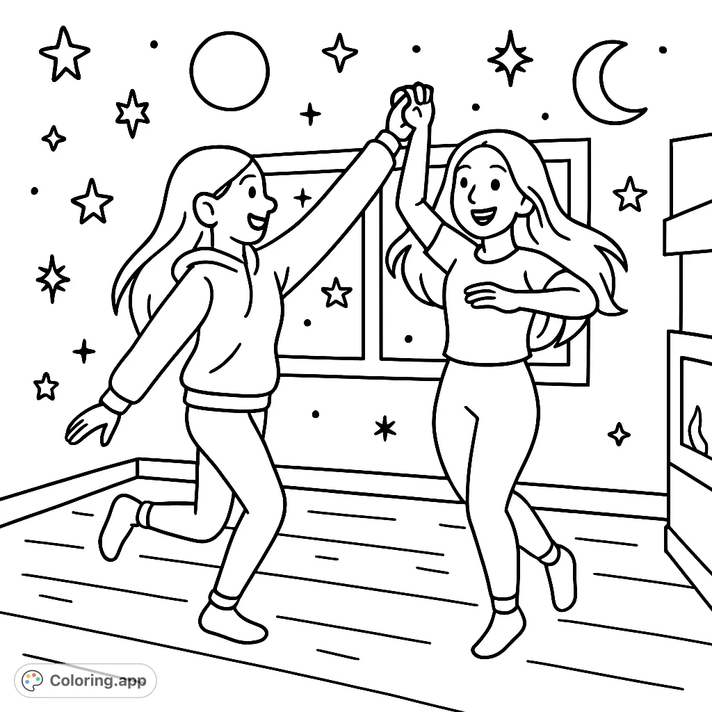Energetic dancing friends coloring page with cartoony style, bold outlines, and celestial details. Enjoy this free printable dance coloring page for kids and adults.