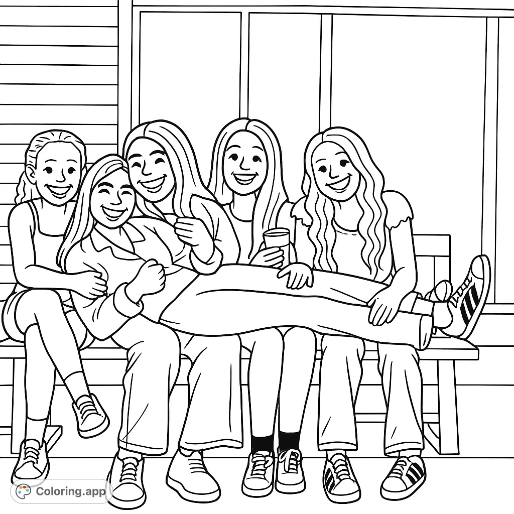 A cheerful group of five young women smiling and relaxing on a bench, ready for creative expression. A fun friends coloring page for all ages.