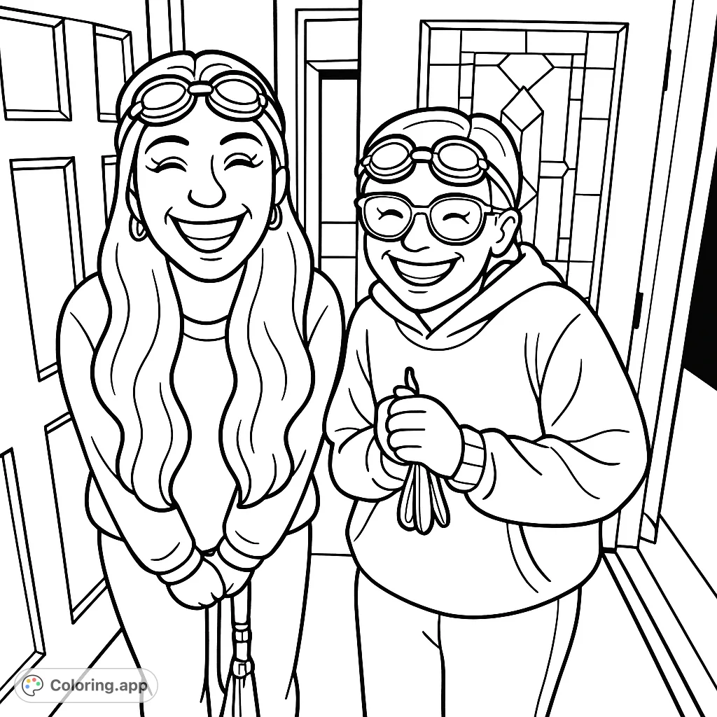 Two friends pose playfully with swim goggles, one sticking out her tongue, the other smiling. A fun, cartoony scene perfect for all ages.