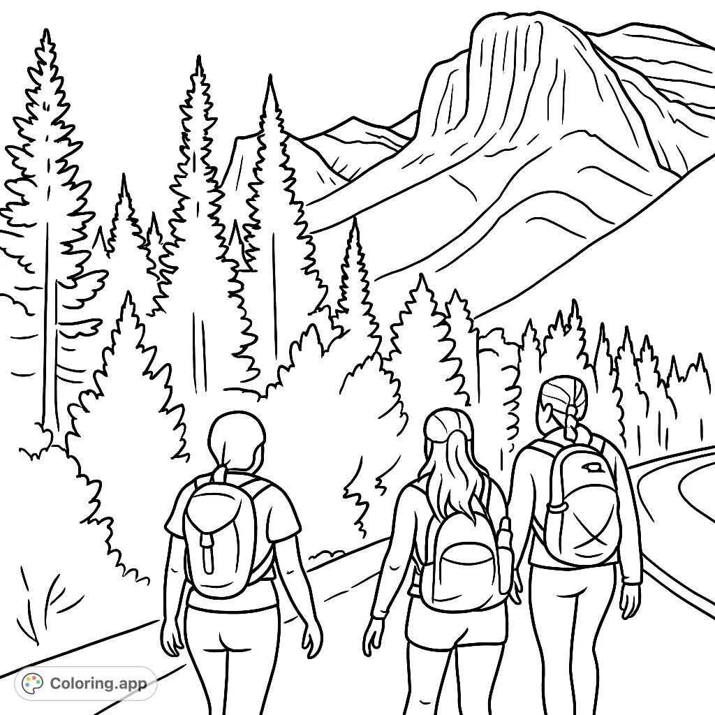 Embark on a mountain hiking adventure with this free printable coloring page! Features three friends exploring a scenic path with majestic peaks.
